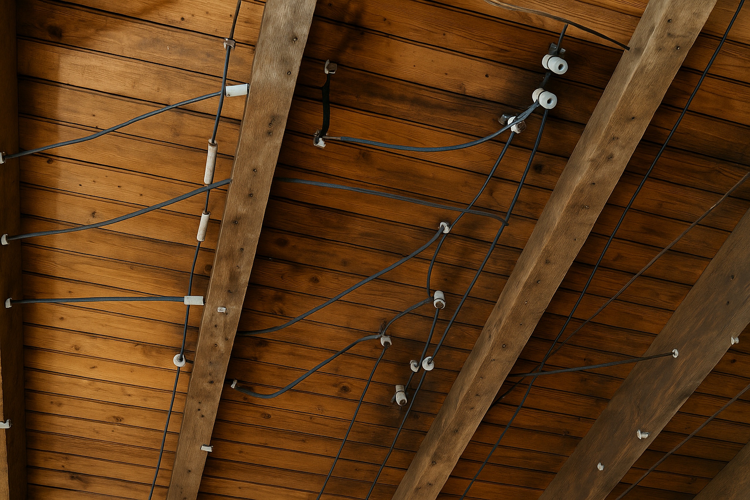 Knob and tube wiring installed across exposed wooden ceiling joists in an older home.