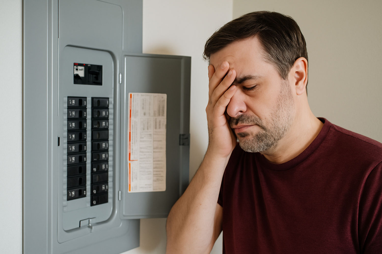Frustrated homeowner standing beside an electrical breaker panel after a circuit trip – G&S Electric troubleshooting in London, Ontario